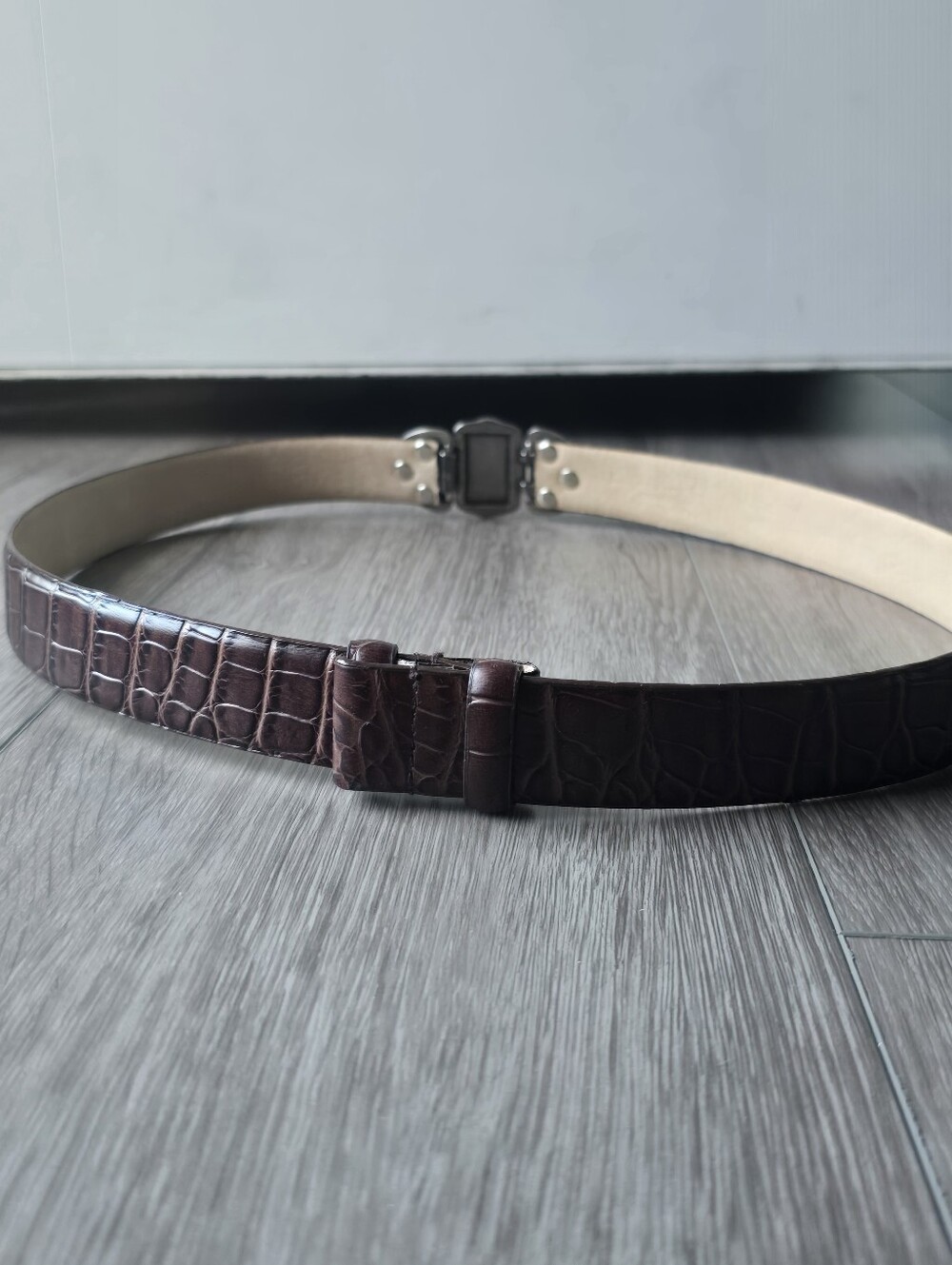 Lake Shore Drive Croc Embossed Leather Belt Brown Silver Ornate Buckle Western M - Picture 7 of 16